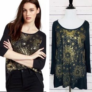 Lucky Brand Black Gold Foil Mandala 3/4 Sleeve Top Size Medium
